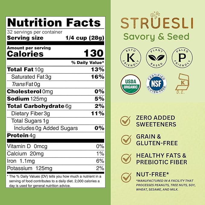 Struesli Savory + Seed Organic Granola, Nut, Grain & Gluten Free, Healthy Snacks with Pumpkin, Sunflower & Chia Seeds, Hemp Hearts, Flax, Tiger Nuts & Sea Salt, Plant Based, Keto & Paleo, 32 Oz, 2 Pack
