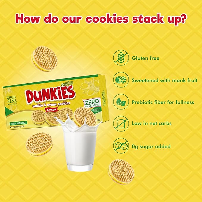 ChocZero Lemon Dunkies – Sugar Free Lemon Sandwich Cookies, Keto Friendly, Gluten Free, High Fiber, Low Net Carb – 9oz Box