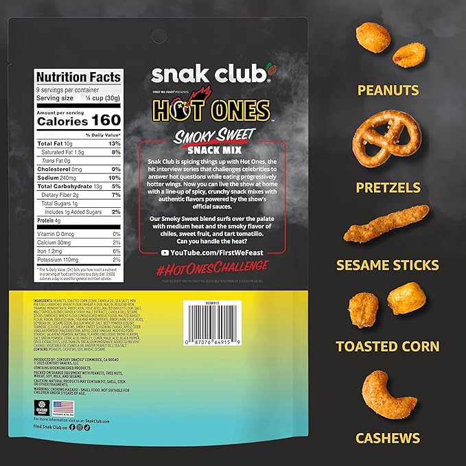 Snak Club x Hot Ones Snack Mix, Smoky Sweet, Spicy Snacks with Peanuts, Pretzels, Sesame Sticks, Toasted Corn, Cashews, Inspired by Hot Ones, Vegan Snack, 10 oz Resealable Bag