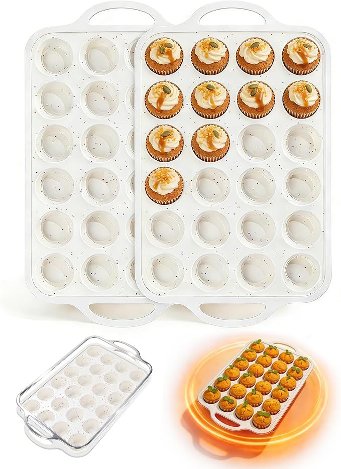 Fimary Silicone Muffin Pans With Metal Reinforced Frame - 24 Cups Durable Silicone Baking Pan for Muffins, Cupcakes, BPA Free and Dishwasher Safe - Beige with Rainbow Spots, Set of 2