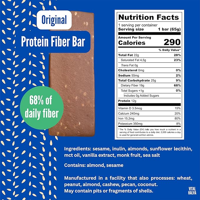 Vital Halva Vegan Sesame Snack Bar, Original, Gluten Free, Dairy Free, Soy Free, Low Sugar, No Added Sugar, 12G Protein, 19G Fiber, 6G Net Carbs, Breakfast, Travel, 10ct