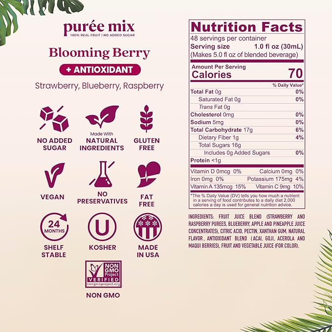 Smartfruit Blooming Berry + Antioxidants – 100% Real Fruit Purée with Strawberries, Blueberries, Raspberries – Great for Smoothies, Juice, Yogurt, Cocktails, Teas – High in Vitamin A & C – 2-Pk, 48oz Each