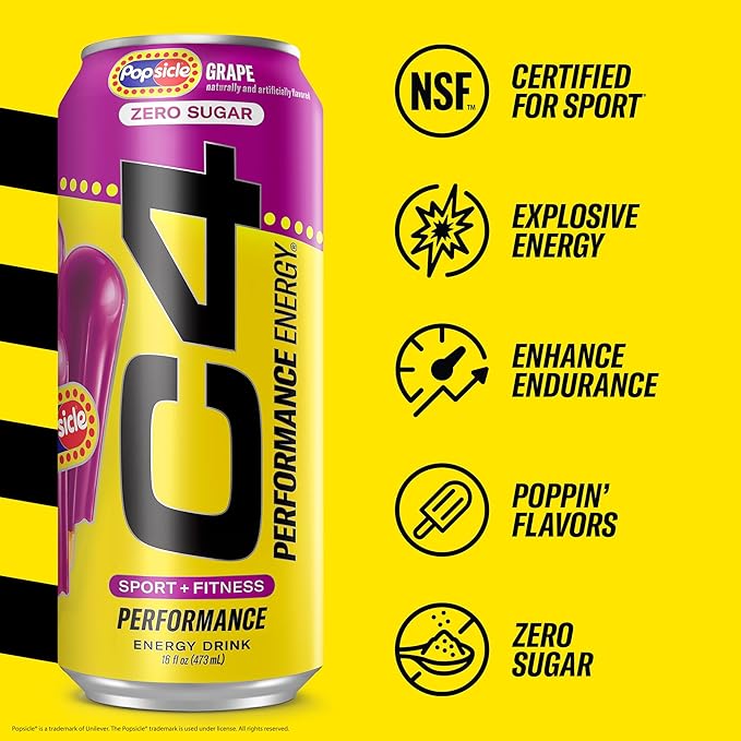Cellucor C4 Energy Drink x Grape Popsicle, Carbonated Sugar Free Pre Workout Performance Drink with no Artificial Colors or Dyes, 16 Oz, Pack of 12 | Carbonated, Pre Workout, Performance Drink, no Artificial Colors, no Dyes