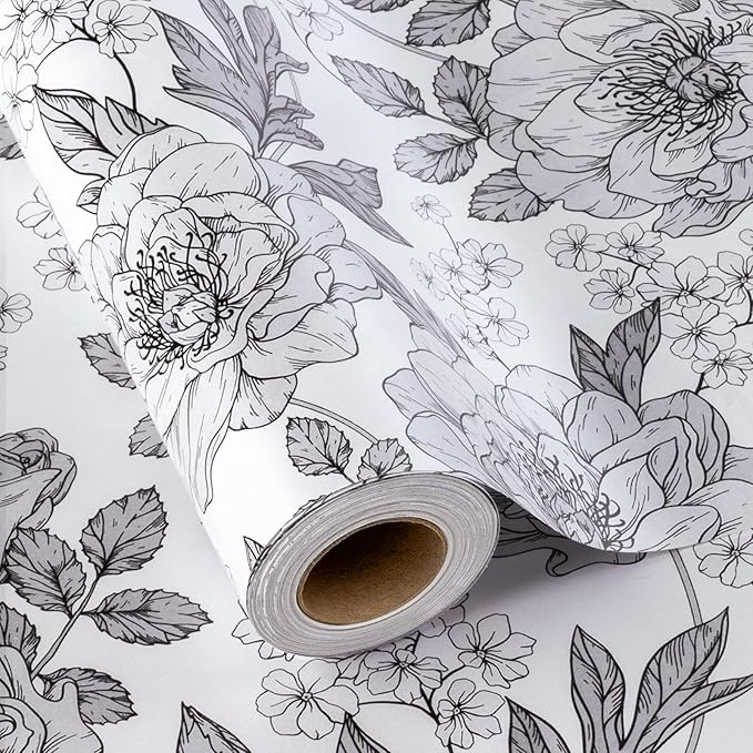 Homeral Shimmer Floral Gift Wrapping Paper Roll - Jumbo Roll - Black and White Pearly Luster Vintage Floral for Wedding, Birthday, Baby Shower, Anniversaries, Party - 30 In x 33 Ft