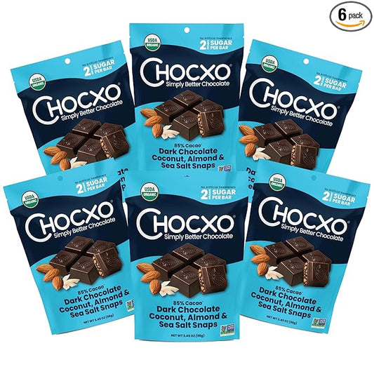 Chocxo Dark Chocolate Coconut Almond & Sea Salt Snaps - Low in Sugar, Organic 85% Cacao, Non-GMO, Keto Certified, Gluten Free & Kosher. No Artificial Sweeteners or Sugar Alcohols, 3.45 oz (Pack of 6)