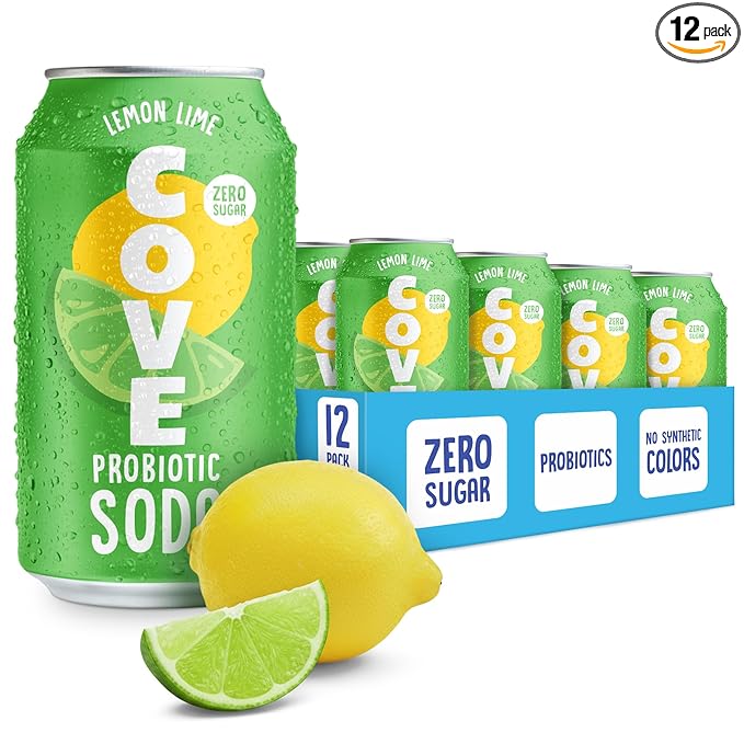Cove Probiotic Soda, Zero Sugar Better-For-You Alternative - Refreshing, Delicious Probiotic Drink, No Synthetic Colors & Caffeine Free - Lemon Lime, 12 Pack