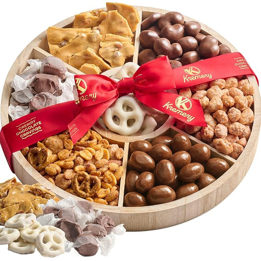 KREMERY Creamy Chocolate Cravings - Valentines Day Chocolate Covered Pretzels & Nuts Gift Basket, in Reusable Round Wooden Tray + Ribbon (7 Assortments) Sweet Treats, Kosher