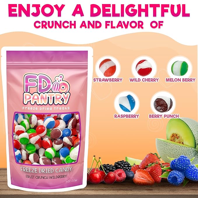 Freeze Dried Candy Fruit Crunch Wildberry, 4 oz, 2 Pack, Assorted Berry Punch, Melon, Strawberry, Cherry, Raspberry, Gift Bag