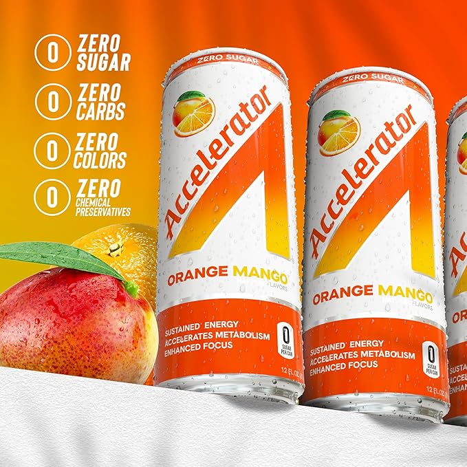 Accelerator Energy Drink, Orange Mango 12oz can (12 pack), Zero Sugar, Sustained Energy from 100% Natural Caffeine (200mg from Green Coffee Bean & Green Tea extract)