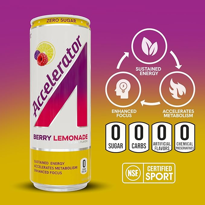 Accelerator Energy Drink, Berry Lemonade 12oz can (12 pack), Zero Sugar, Sustained Energy from 100% Natural Caffeine (200mg from Green Coffee Bean & Green Tea extract)