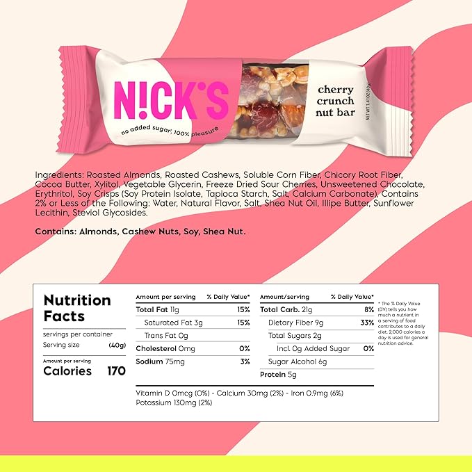 NICKS Keto Nut Bar Cherry Cashew Almond Chocolate, Keto Snack with 2g Sugar & 5g Net Carbs – Low Carb, High Flavor Protein Snack for Sports, Hiking & On-the-Go (pack of 12) 40.0 grams
