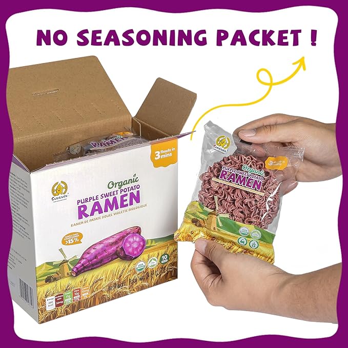 SUNGIVEN Organic Ramen Noodles Purple Sweet Potato Healthy Low Sodium Ready in 3 Minutes Non-Fried Instant No Additives or Preservatives 2.47 OZ (Pack of 10)