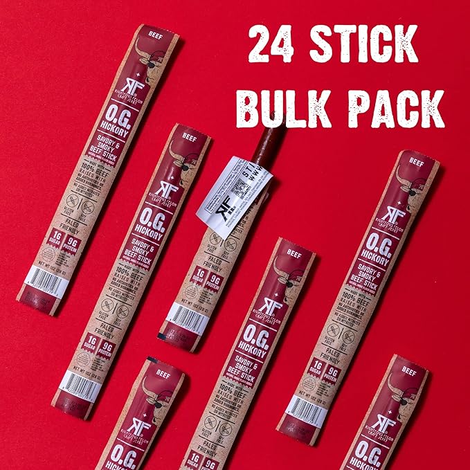 Righteous Felon Meat Sticks | 100% Grass Fed Beef | Keto, Gluten-Free, Low Sugar, High Protein Healthy Snacks | Valentines Day Jerky Gifts for Men | OG Hickory Beef Sticks, 24 Count