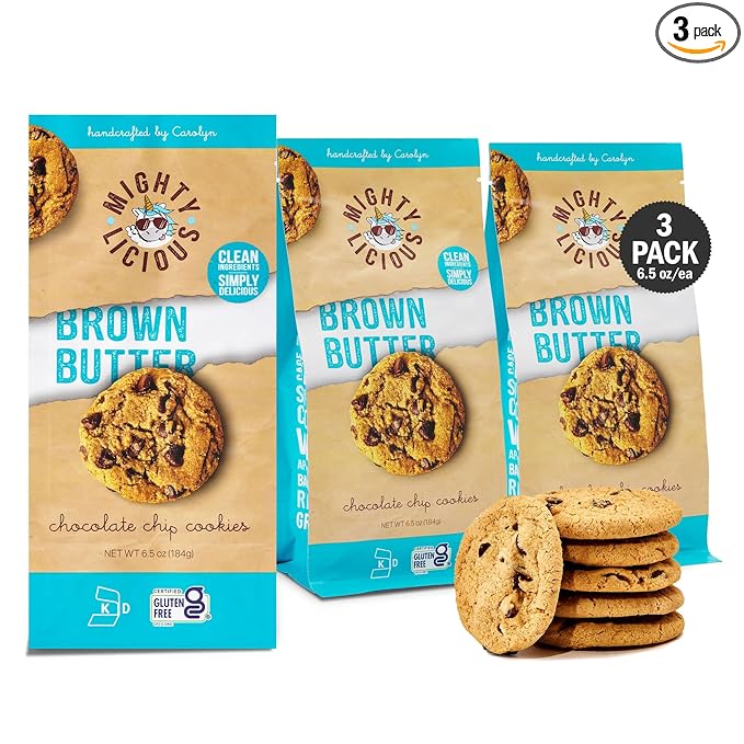 MIGHTYLICIOUS – Brown Butter Chocolate Chip Cookies - Gluten-Free - Kosher - Allergen-Friendly Snack - Perfect for Weddings & Birthdays - 6.5 Oz (3 Pack)