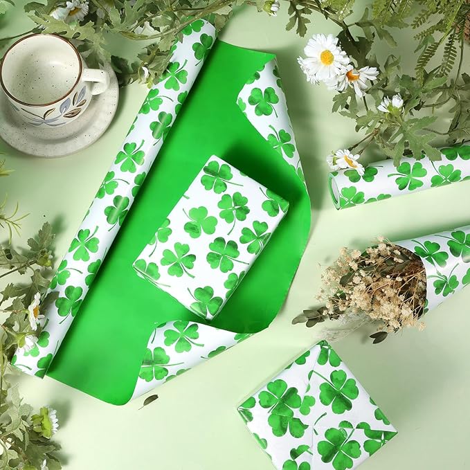 Fabllewavi 1 Roll Shamrock Wrapping Paper Mini Roll - 17in x 32.8Ft Reversible Green Clover Pattern Gift Wrap Paper for St. Patrick's Day DIY Crafts Irish Party Supplies