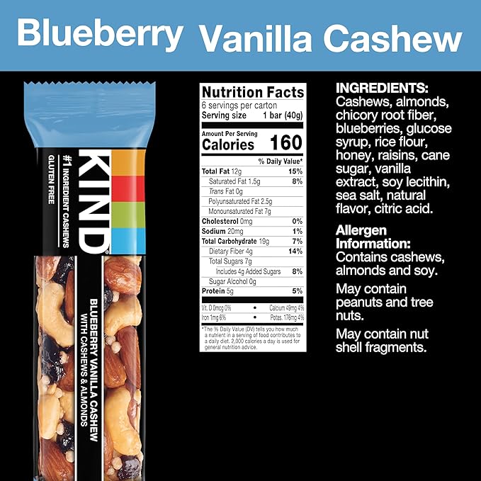 KIND Bars, Blueberry Vanilla Cashew, Healthy Snacks, Gluten Free, 5g Protein, 12 Count (Pack of 2)