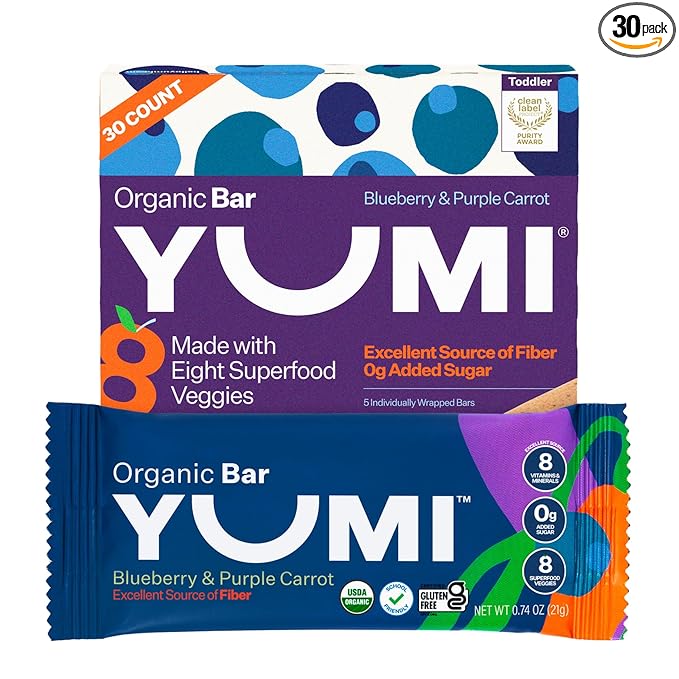 Yumi Organic Toddler Snacks Bars - Gluten-Free, No Added Sugar, 7+ Vegetables, Soft-Baked Crust Yumi Bars, Healthy Toddler Organic Snacks - School Safe and for Lunch Boxes, Blueberry & Purple Carrot (30ct.)