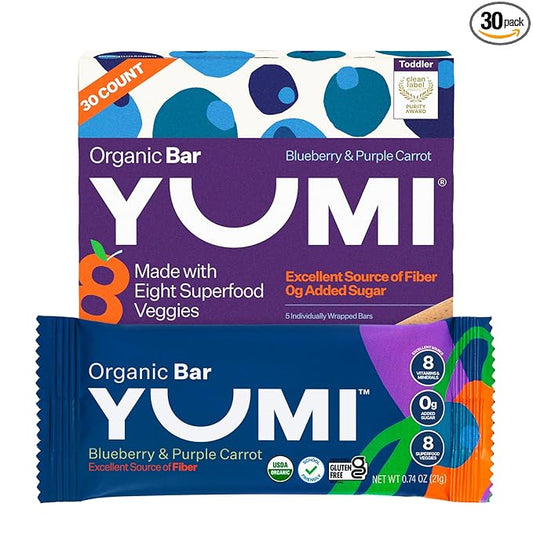 Yumi Organic Toddler Snacks Bars - Gluten-Free, No Added Sugar, 7+ Vegetables, Soft-Baked Crust Yumi Bars, Healthy Toddler Organic Snacks - School Safe and for Lunch Boxes, Blueberry & Purple Carrot (30ct.)