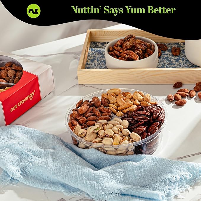 NUT CRAVINGS - Valentines Day Mixed Nuts Gift Basket in Red Gold Box (4 Assortments) Treats for Adults, Food Arrangement, Healthy Snack Care Package, Kosher