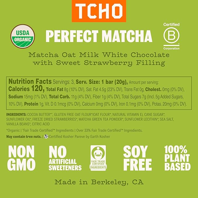 TCHO Perfect Matcha Chocolate Bar 3 Pack - Organic Oat Milk Chocolate with Matcha Shell and Strawberry Filling - Plant-Based Non-GMO
