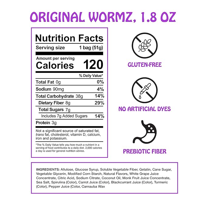 Rotten Original Gummy Worms - Low Sugar, Low Calorie, 7g Gut-Friendly Prebiotic Fiber and 3g Protein, Gluten Free Candy - 1.8 oz - 8-Pack
