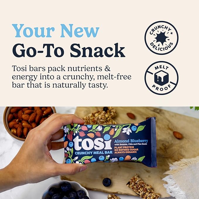 Tosi Meal Nut Bars, Almond Blueberry, Healthy Snacks for Adults & Kids, Crunchy Plant Based Protein Bar (14G), Keto Snacks, Vegan, Gluten & Soy Free, Low Sugar, Omega 3s, 2.4oz, 12-Pack