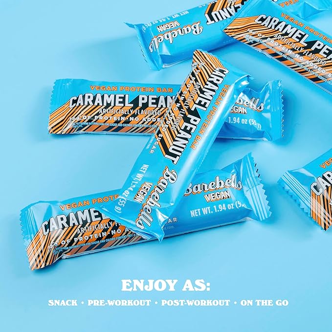 Barebells Plant Based Protein Bars, Peanut Caramel - 12 count, 15g of Plant-Based High Protein Treats - Chocolate Nutrition Bar with 1g Total Sugar - On The Go Breakfast or Post-Workout Snack