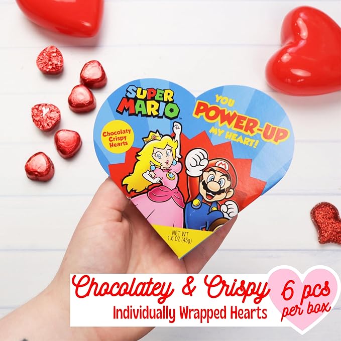 Super Mario Valentine's Heart Gift Boxes, Crispy Milk Chocolatey Candy Inside, Individually Foil Wrapped Pieces, To/From Section on Back, 1.6 Ounces (Pack of 2)