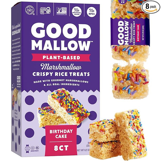 GoodMallow Vegan Rice Crispy Treats Individually Wrapped Box of 8 , Kosher Vegan Snacks, Gluten Free Dairy Free Snacks for Kids & Adults - Healthy Sweets Made with Gourmet Marshmallows , Made in USA (Birthday Cake)
