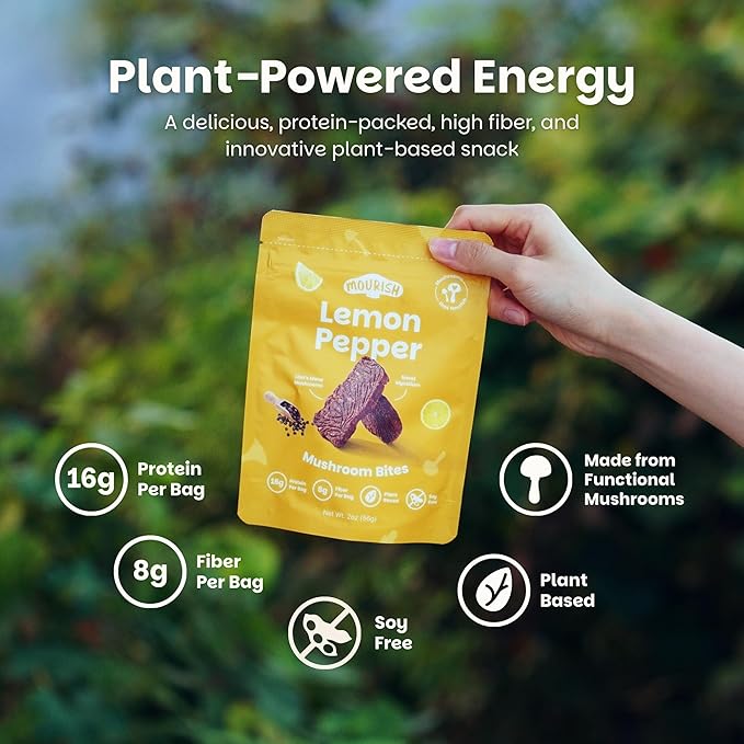 Mourish Vegan Mushroom Bites, Lemon Pepper Flavor, 1 Pack (2 oz), Good Source of Protein and Fiber, Plant Based Meat Jerky, Gluten Free, Meatless Healthy Snacks for Hiking, Work, Travel & School