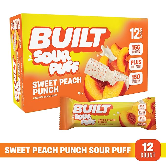 Built Bar, Sour Puff Protein Bars, Sweet Peach Punch, Collagen, On-the-go Snacks, Sour Candy Snack, 12 Pack