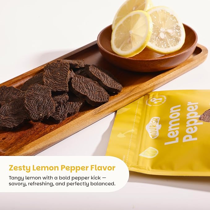 Mourish Vegan Mushroom Bites, Lemon Pepper Flavor, 1 Pack (2 oz), Good Source of Protein and Fiber, Plant Based Meat Jerky, Gluten Free, Meatless Healthy Snacks for Hiking, Work, Travel & School