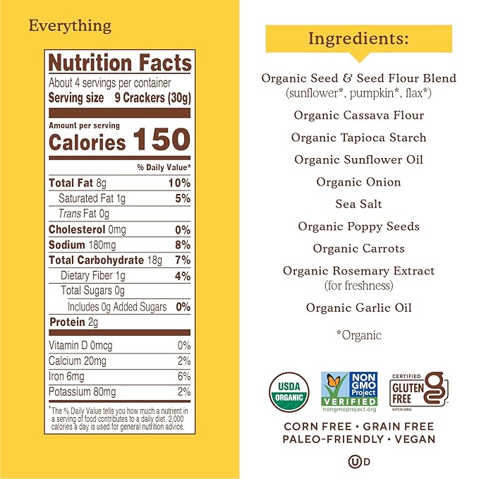 Simple Mills Organic Seed Crackers, Everything - Gluten Free, Vegan, Healthy Snacks, Paleo Friendly, 4.25 Ounce (Pack of 6)