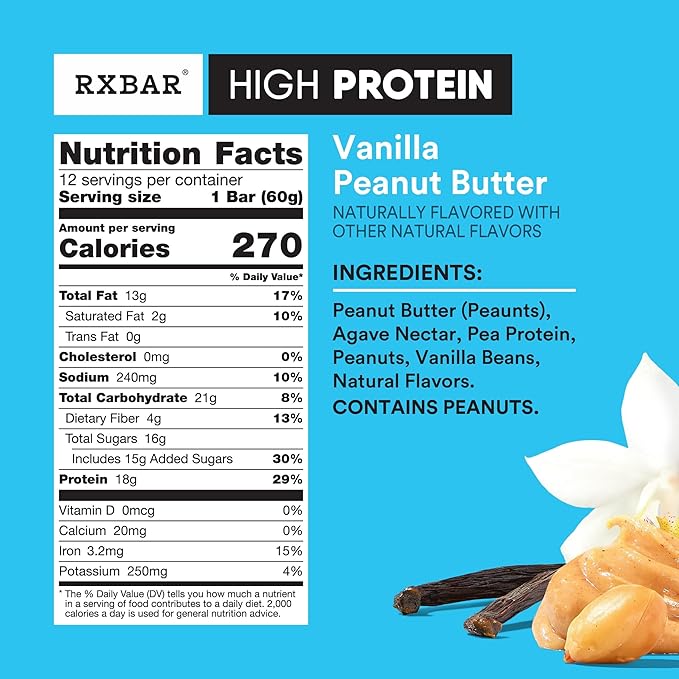 RXBAR High Protein Bars, Gluten Free, Protein Snacks, Vanilla Peanut Butter, 25.3oz Box (12 Bars)