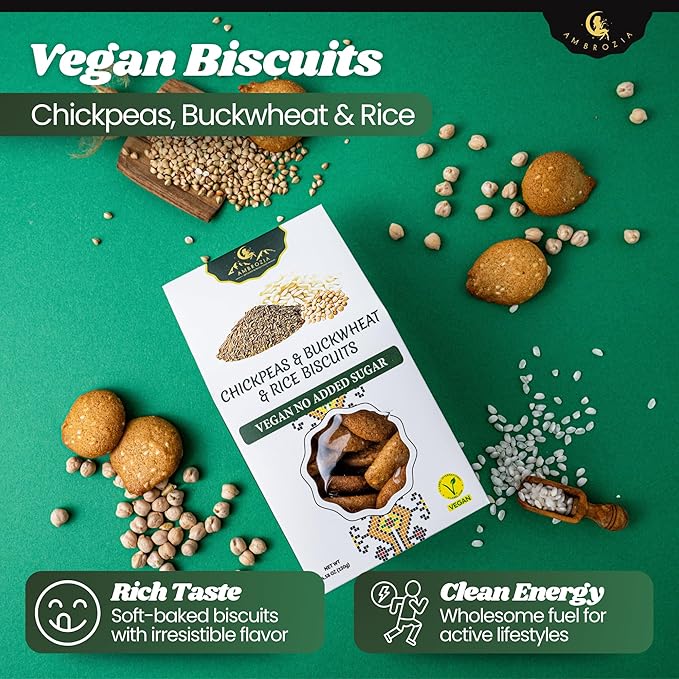 Ambrozia Vegan Snack Biscuits – Chickpeas, Buckwheat &Rice - Soft Baked, No Added Sugar, Clean Label, High Fiber & Wholesome Ingredients, Kid-Friendly, Healthy Snacks for Active Lifestyles, 4 x 4.58Oz