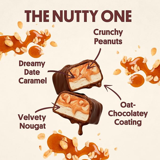 Harken Sweets The Nutty One, Oat Milk Chocolate Candy Bars with Peanuts and Date Caramel, Sweetened with Dates and No Sugar Added, High Fiber Snack, Gluten-Free, Plant-Based, 12 Bars