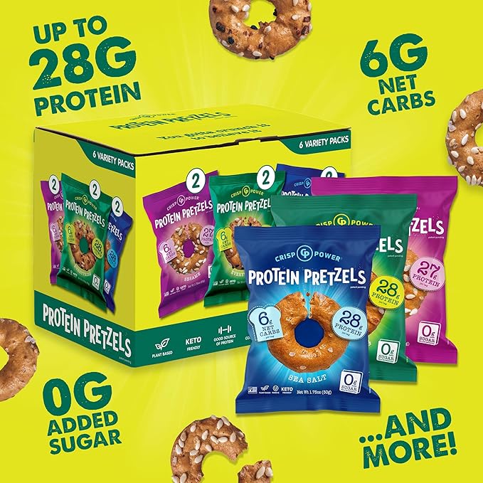 Crisp Power Protein Pretzels, Variety Pack With Sea Salt, Sesame, & Everything, High Protein Snack, Up To 28G Protein Per Bag, Low Carb Crunchy Pretzel Snacks, No Added Sugar, No Seed Oils, 1.75 Oz Bags, 24 Pack, Vegan, Plant-Based, Keto