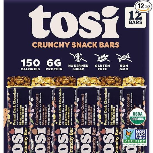 Tosi Cashew Coconut and Dark Chocolate Peanut Protein Bars Combo, Plant Based with Nuts, Gluten-Free Crunchy Snacks, Vegan, Organic, Flax & Chia Seeds, Soy-Free, Omega 3s, 6G/8G Protein, 1 oz, 12-Pack