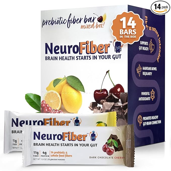 NeuroFiber Prebiotic Fiber Bars – Best High Fiber Snacks for Adults - Plant-Based Prebiotic - Gut + Brain Health Support - Gluten Free, Vegan - Lemon Cranberry/Dark Chocolate Cherry (14 Bars)