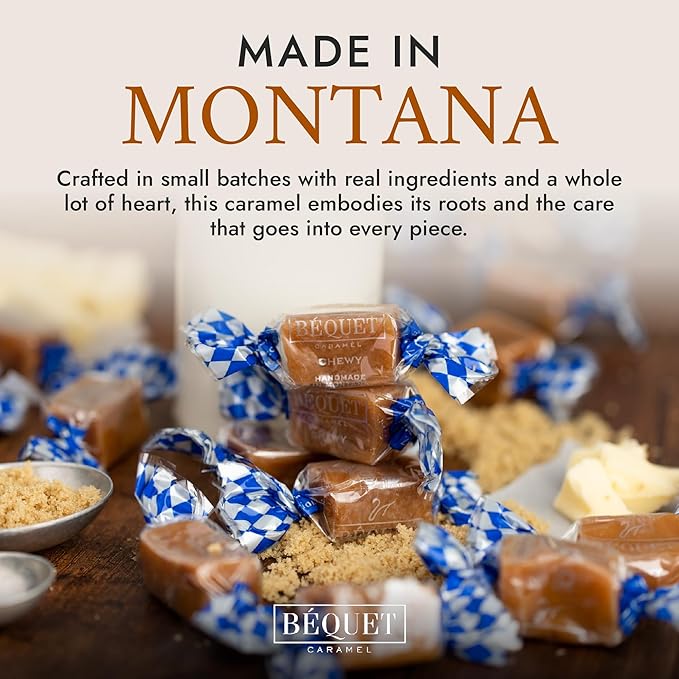 Béquet Caramel - Chewy - Gourmet Caramel Candy - Caramel Candy Individually Wrapped - Made in Montana - Kosher (Star D) and Gluten Free - 24 oz Resealable Pouch