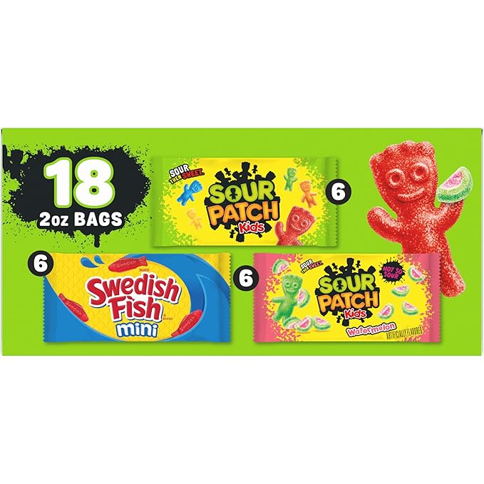 SOUR PATCH KIDS and SWEDISH FISH Mini Soft & Chewy Candy Variety Pack, Bulk Candy, 18-2 oz Bags