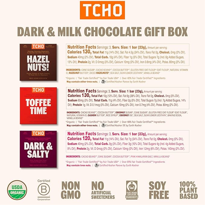 TCHO 6-Bar Dark & Milk Chocolate Variety Pack | Single Origin, Plant Based, Organic & Fair Trade | Non GMO, Non-Dairy, Vegan, Soy Free (2.5oz each) - Perfect Chocolate Gift Box for Any Occasion
