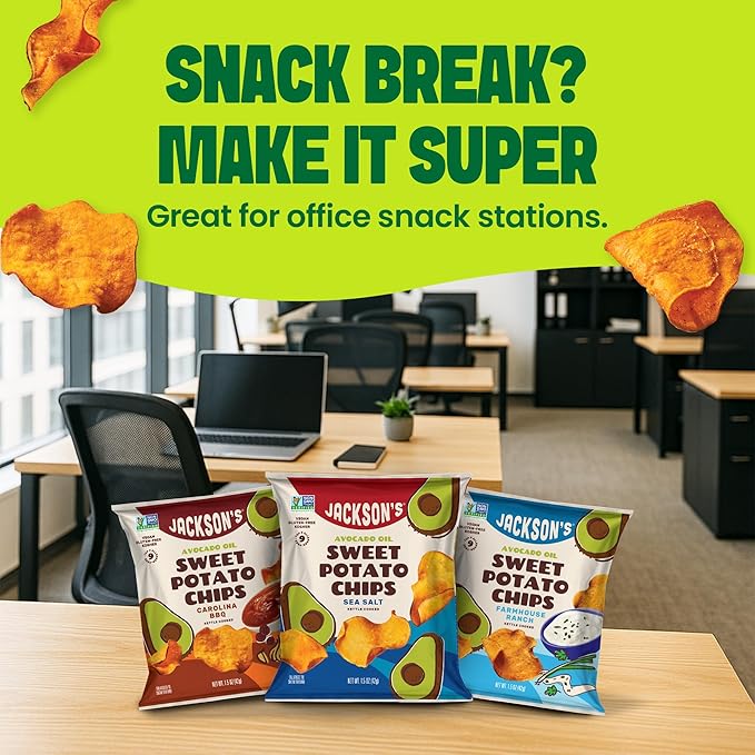 Jackson’s Sweet Potato Kettle Chips Avocado Oil Variety Pack made with Premium Oils (1.5 oz, Pack of 18) Sea Salt, Ranch, and BBQ Flavors - Allergen-friendly, Gluten Free, Vegan
