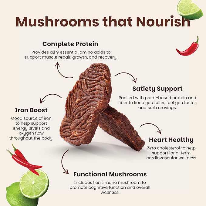 Mourish Vegan Mushroom Bites, Tex-Mex BBQ, 1 Pack (2 oz), Good Source of Protein and Fiber, Plant Based Meat Jerky, Medium to High Heat, Meatless Healthy Snacks for Hiking, Work, Travel & School