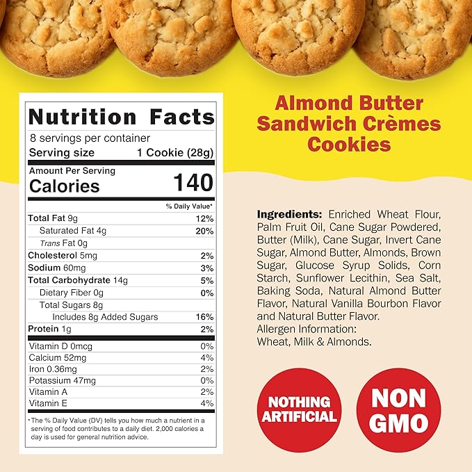 CHEF SANG! Individually Wrapped Butter Cookies | Real Almond Butter Cream Filling | No Artificial Flavors or Preservatives | Non-GMO | On-The-Go Dessert | 6oz (Pack of 6)