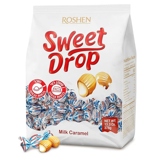 Roshen Sweet Drop Caramel Candy, Soft Caramel with Dairy Milky Filling, 13.33oz (378g), Approx. 54 Pieces, Individually Wrapped Creamy Caramel Candies, Kosher, Halal with No Artificial Dyes - Pack of 1