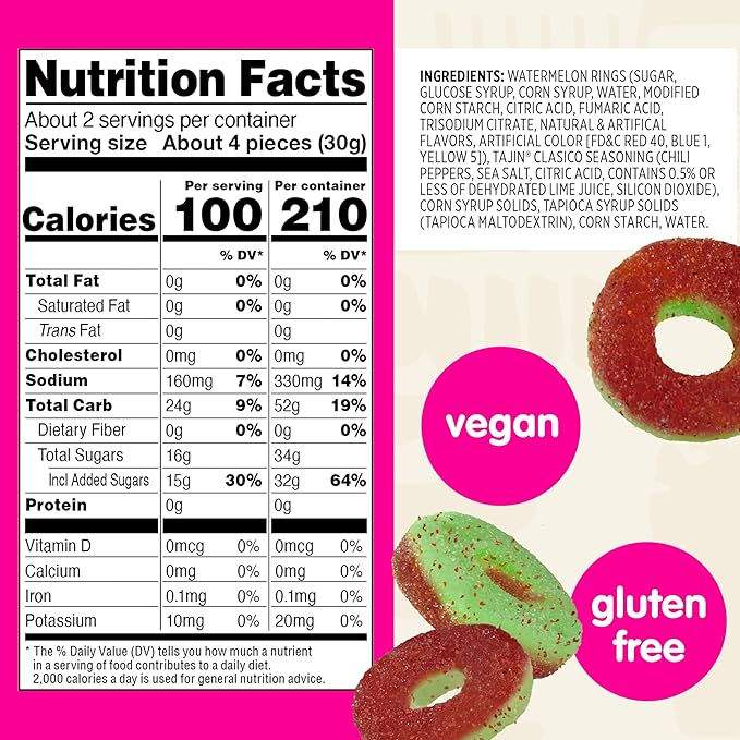 Snak Club Tajin Watermelon Rings, Chili & Lime Gummy Snacks, Mild in Heat Bold in Flavor, Gluten-Free Snack, 2.25oz,(Pack of 12)