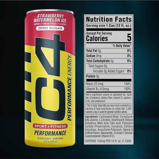 Cellucor C4 Energy Drink 12oz (Pack of 12) - Strawberry Watermelon Ice - Sugar Free Pre Workout Performance Drink with No Artificial Colors or Dyes