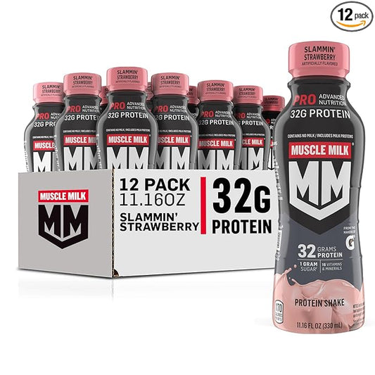 Muscle Milk Pro Advanced Nutrition Protein Shake, Slammin' Strawberry, 11.16 Fl Oz (Pack of 12), 32g Protein, 1g Sugar, 16 Vitamins & Minerals, 5g Fiber, Bottled Liquid, Gluten Free