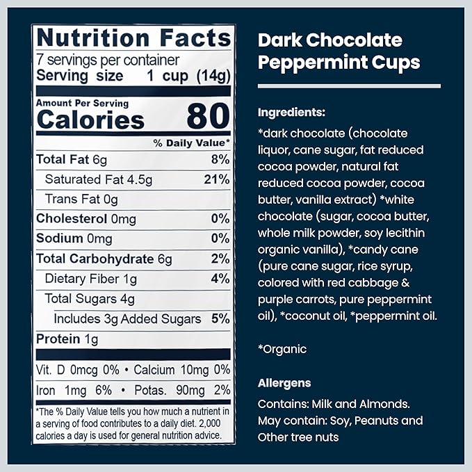 Chocxo Dark Chocolate Peppermint Cups - Lower Sugar Christmas Candy, 85% Organic Cacao, NonGMO, Keto, Gluten Free, Kosher. No Artificial Sweeteners/Sugar Alcohols, 3.45 oz (Pack of 6)